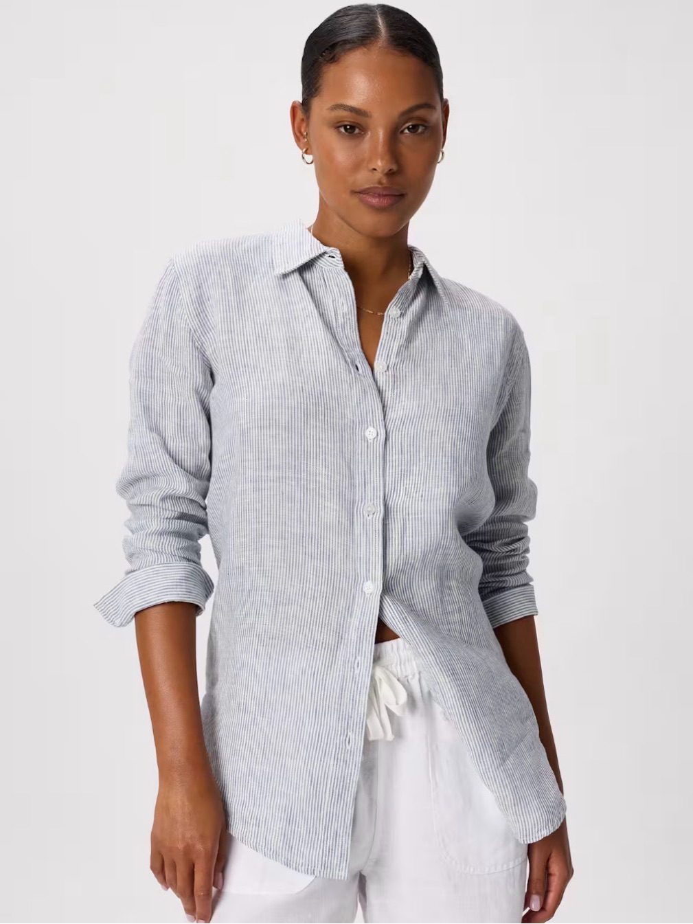 Quince 100% European Linen Long Sleeve Shirt Blue Pin Striped Button-Front Sz M